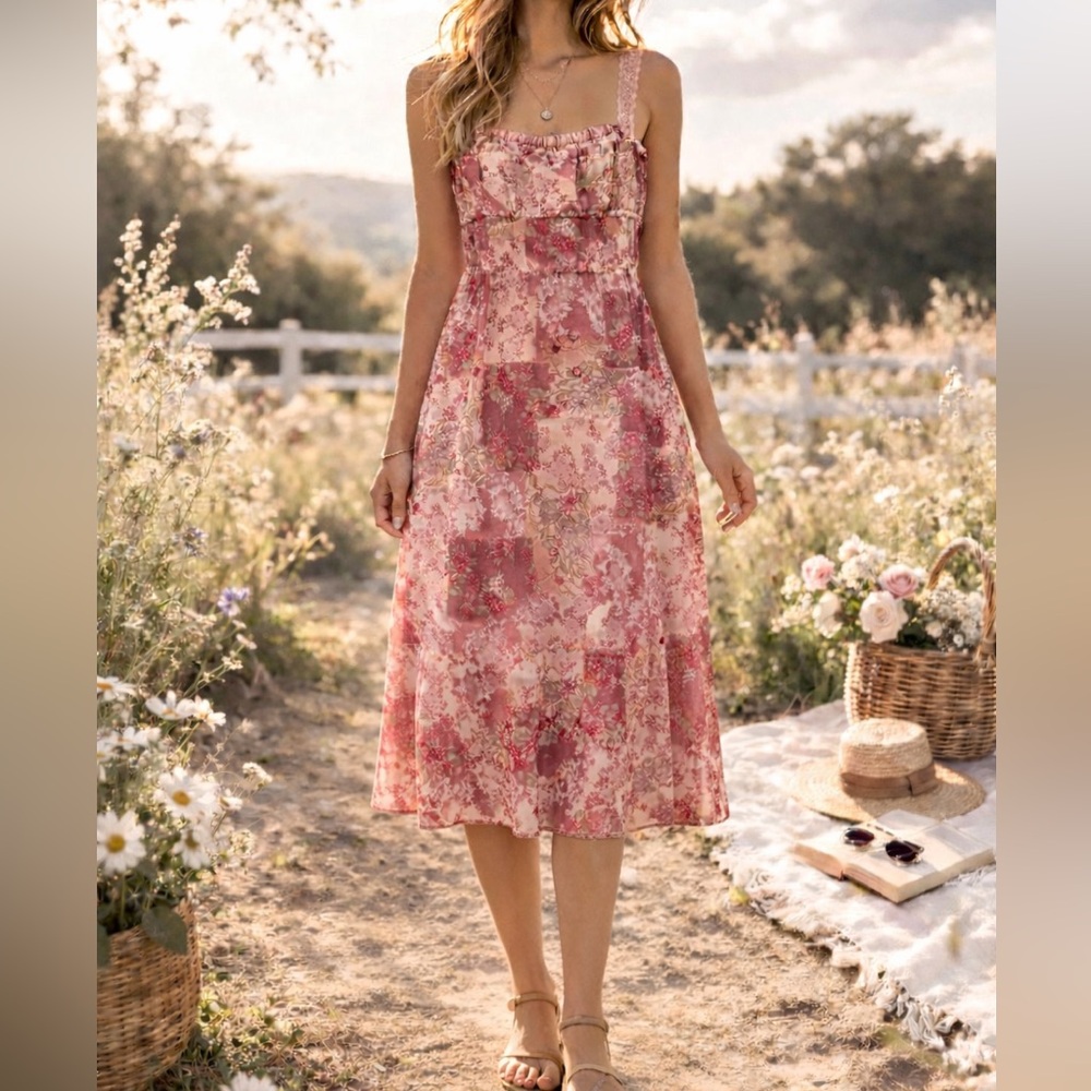 Vintage ARAMA Pink Floral Patchwork Slip Dress Lace Strap Cottagecore Size Small